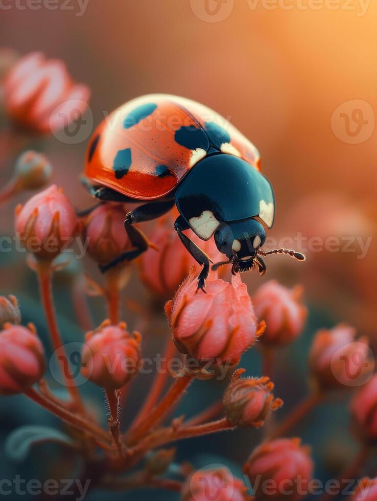 AI generated Ladybug on flower in the sunset photo