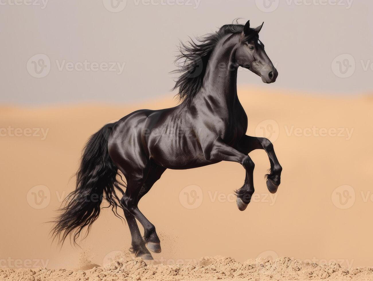 ai generado negro caballo saltos en arena en el Desierto foto