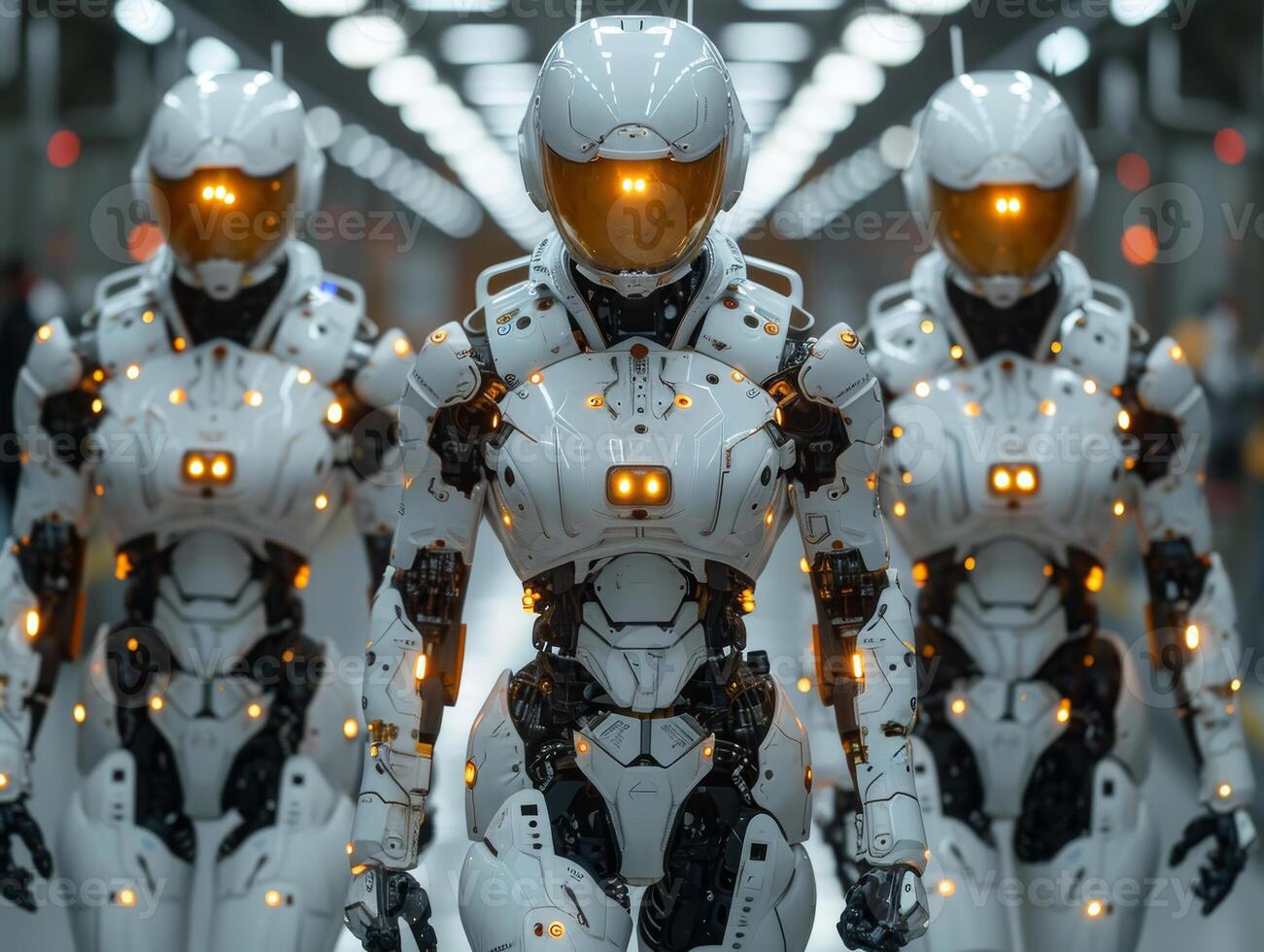 AI generated Robot army walking in row room view photo