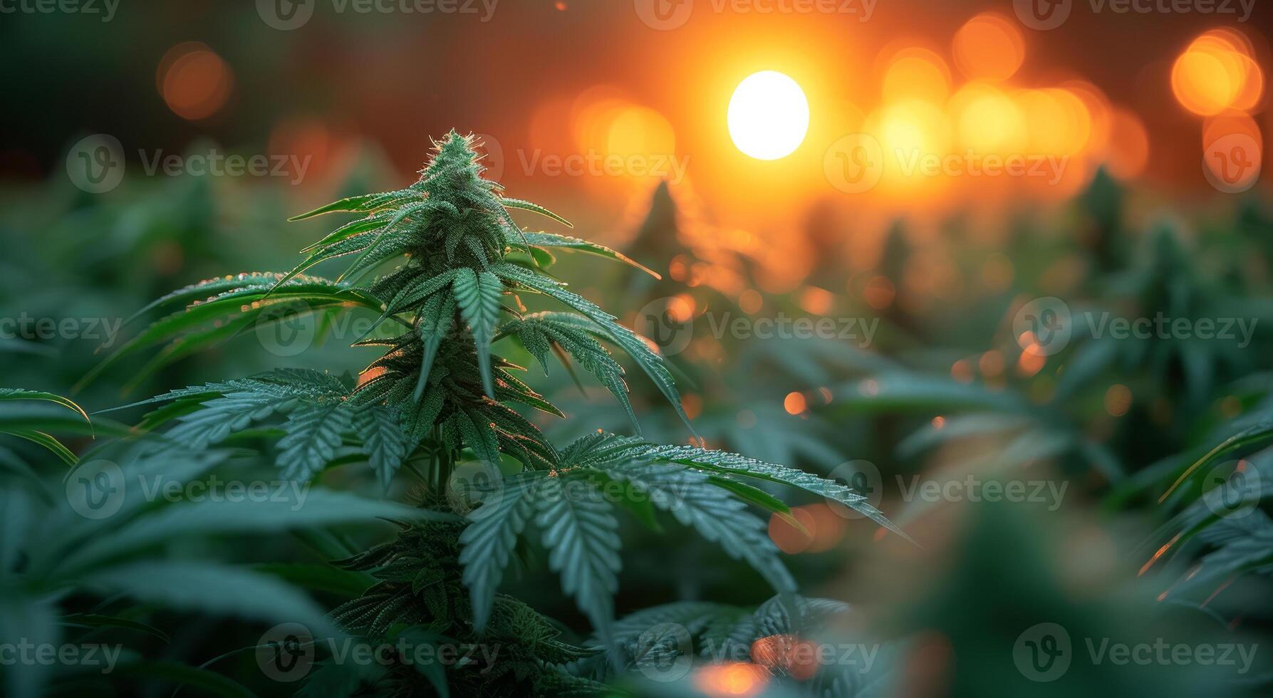 AI generated Cannabis plant grows in field at sunset photo