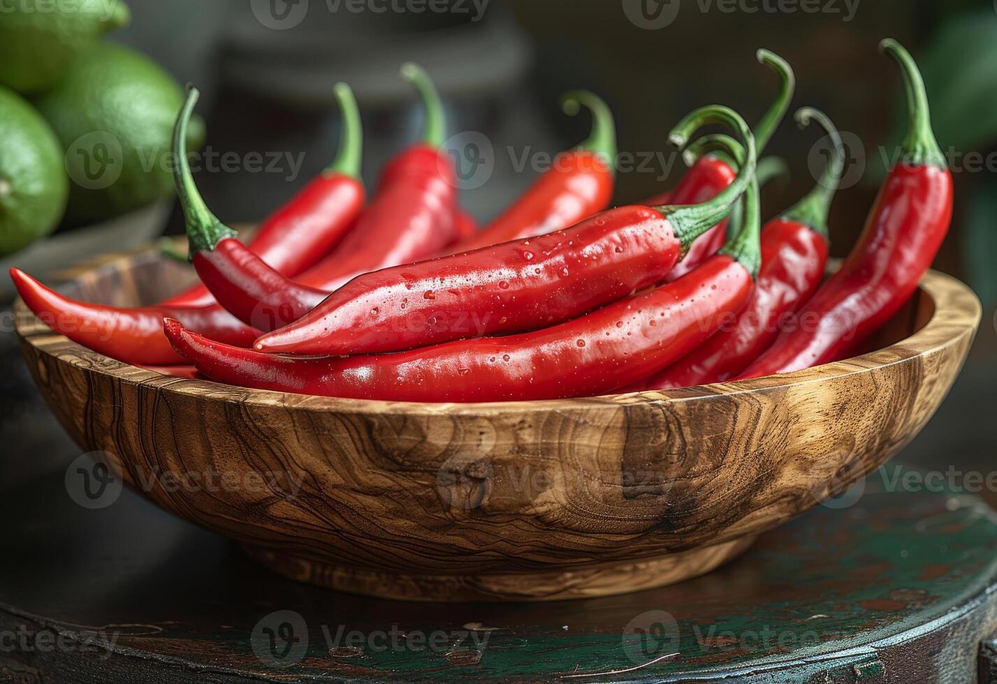 AI generated Red chili peppers in wooden bowl photo