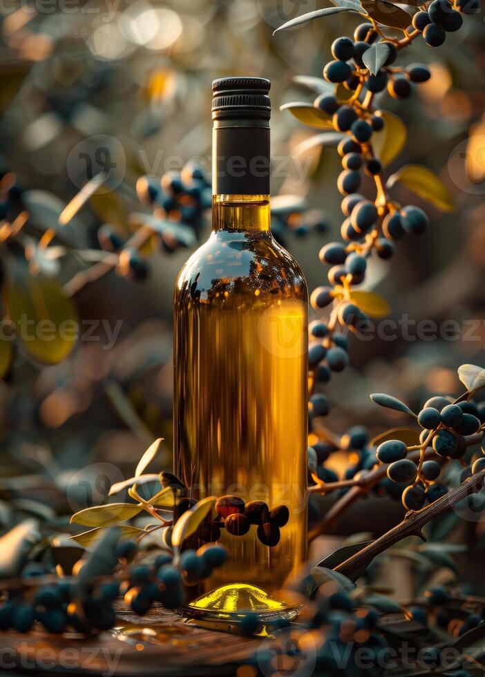 AI generated Bottle of olive oil with branch of black olives photo