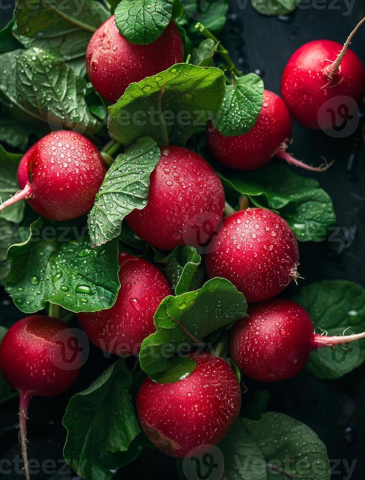 AI generated Fresh radishes with water drops on black background photo