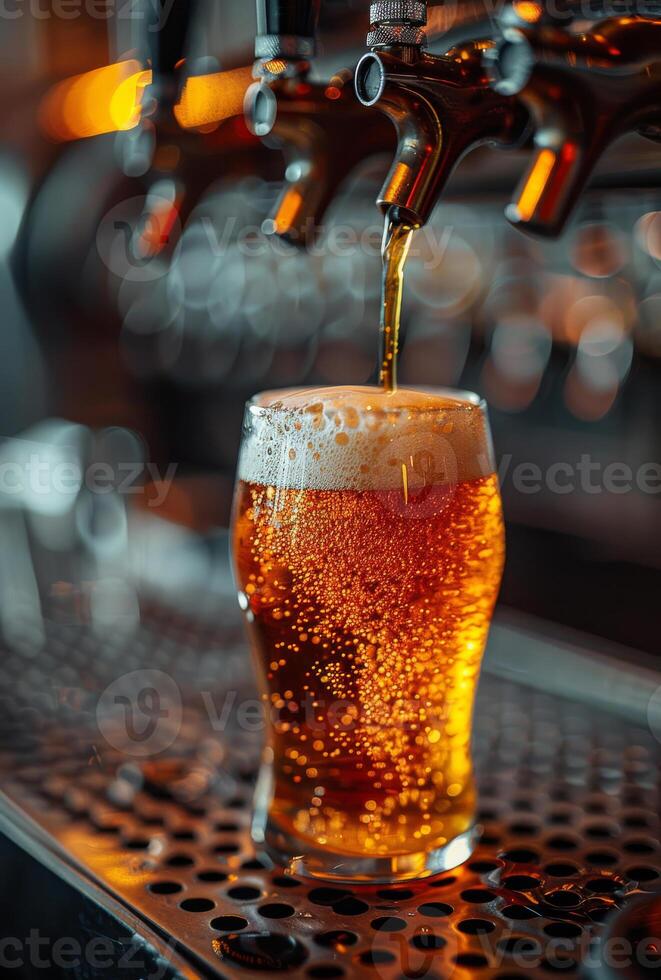 ai generado cerveza grifo torrencial Barril lager cerveza en vaso en restaurante o pub foto