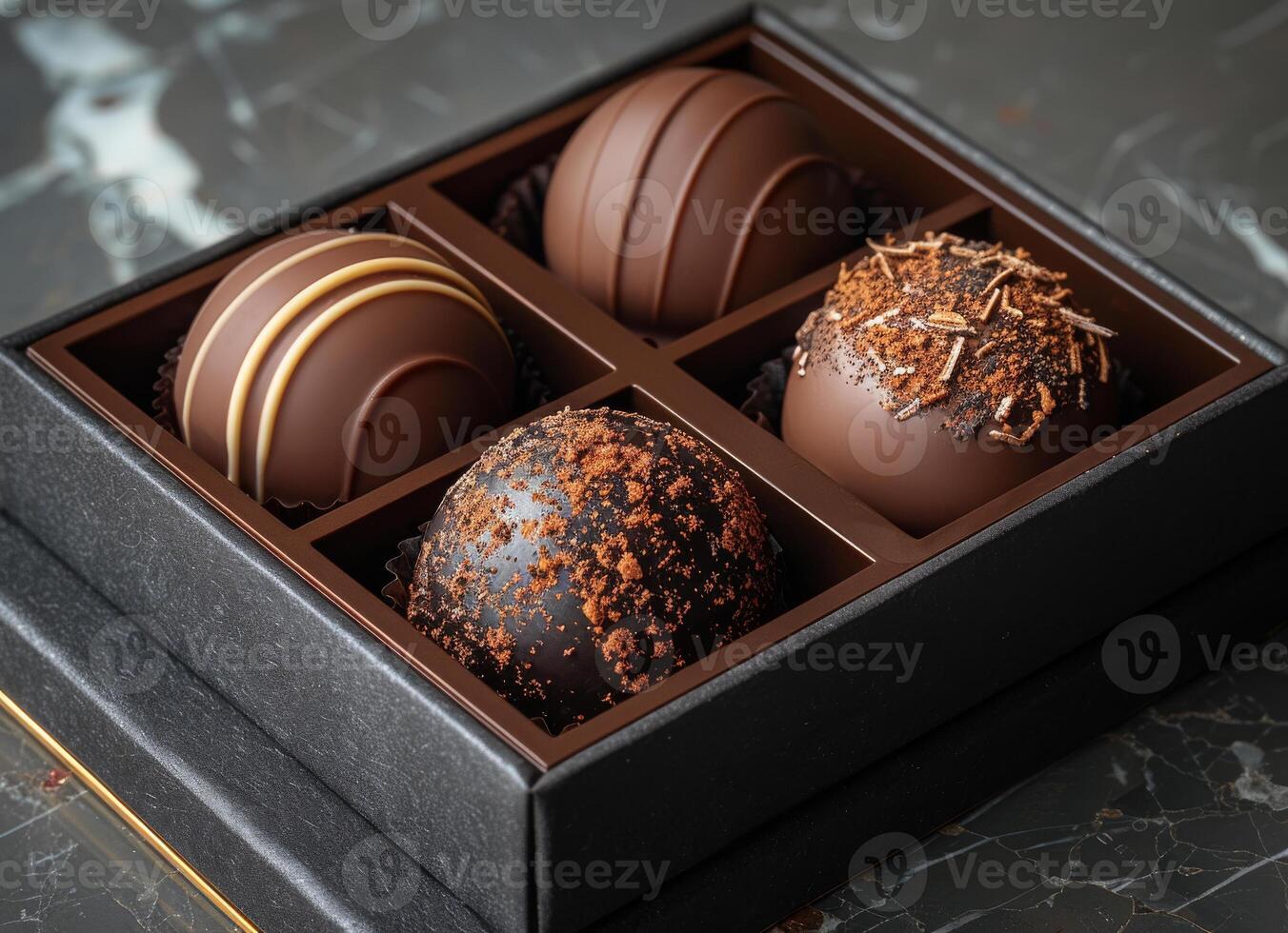 AI generated Chocolate candies in box on marble table photo