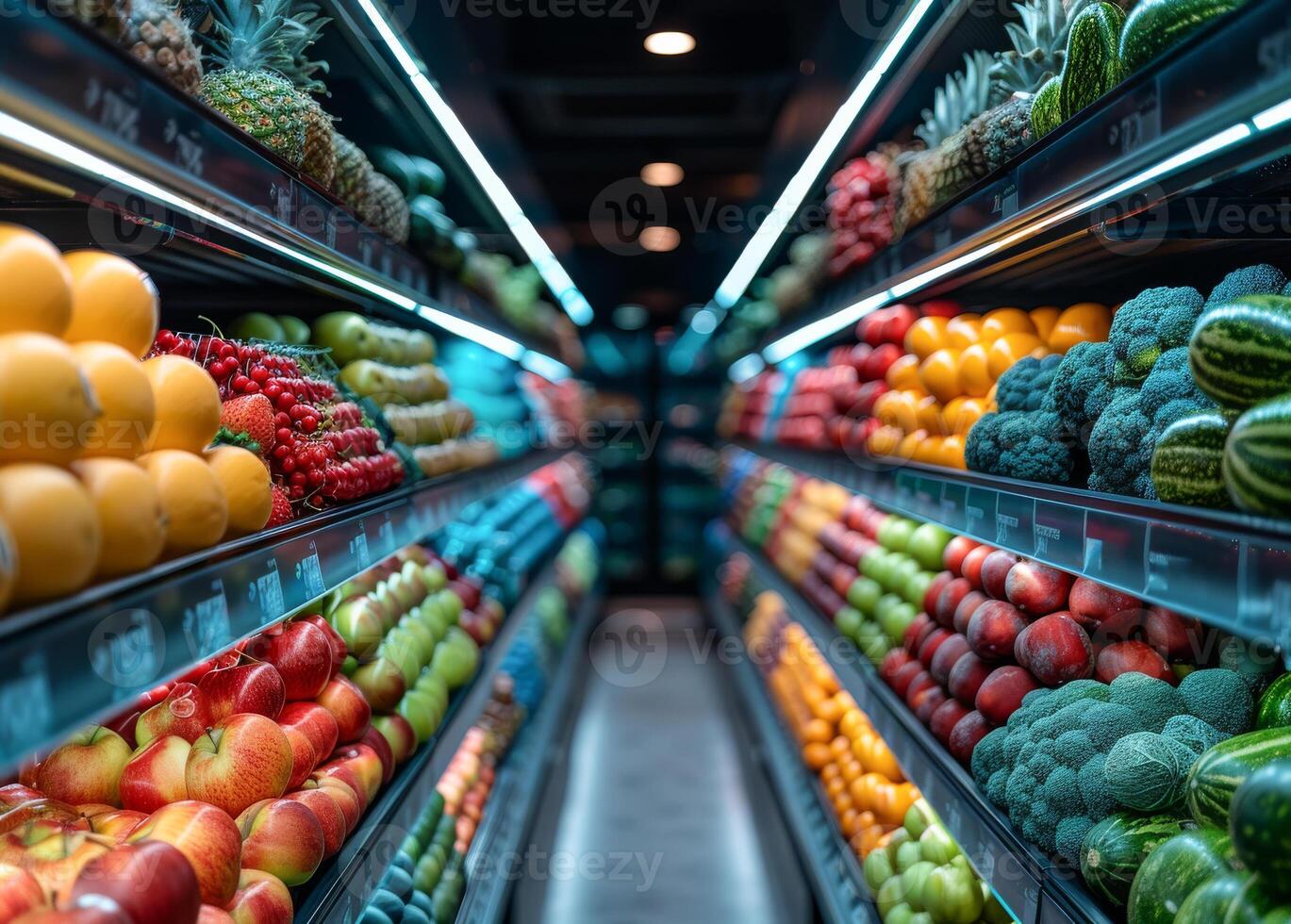 ai generado supermercado isla con estantería lleno de Fresco frutas y vegetales foto