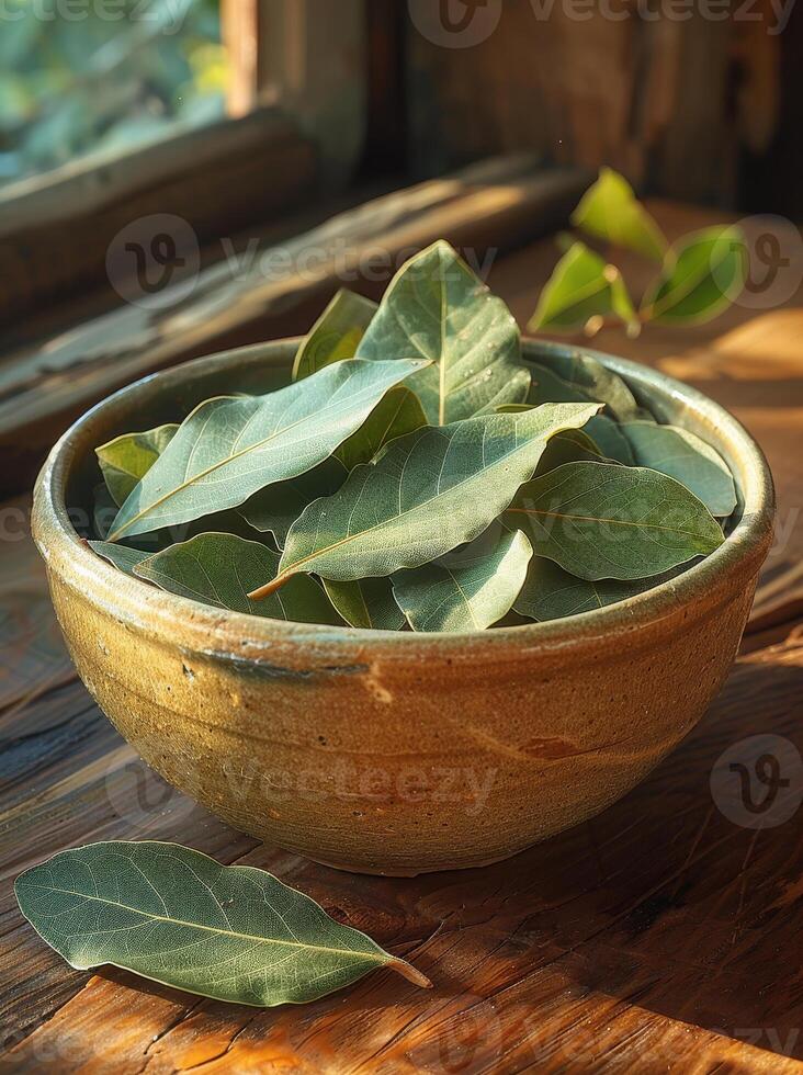 AI generated Bay leaves in bowl on wooden table photo