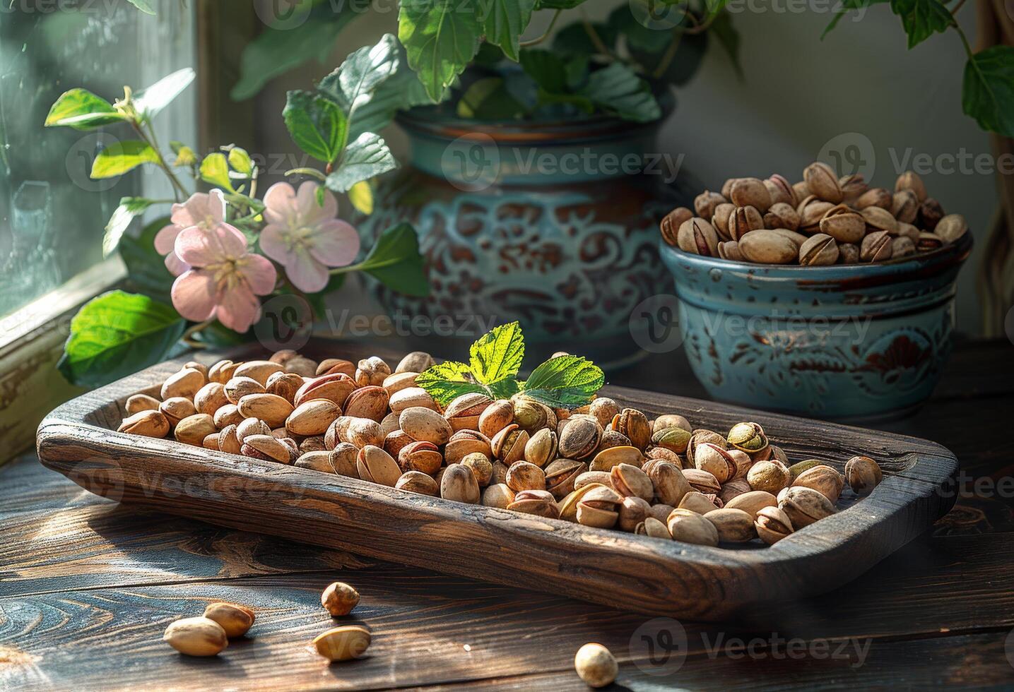 AI generated Wooden plate with hazelnuts and mint on wooden table photo