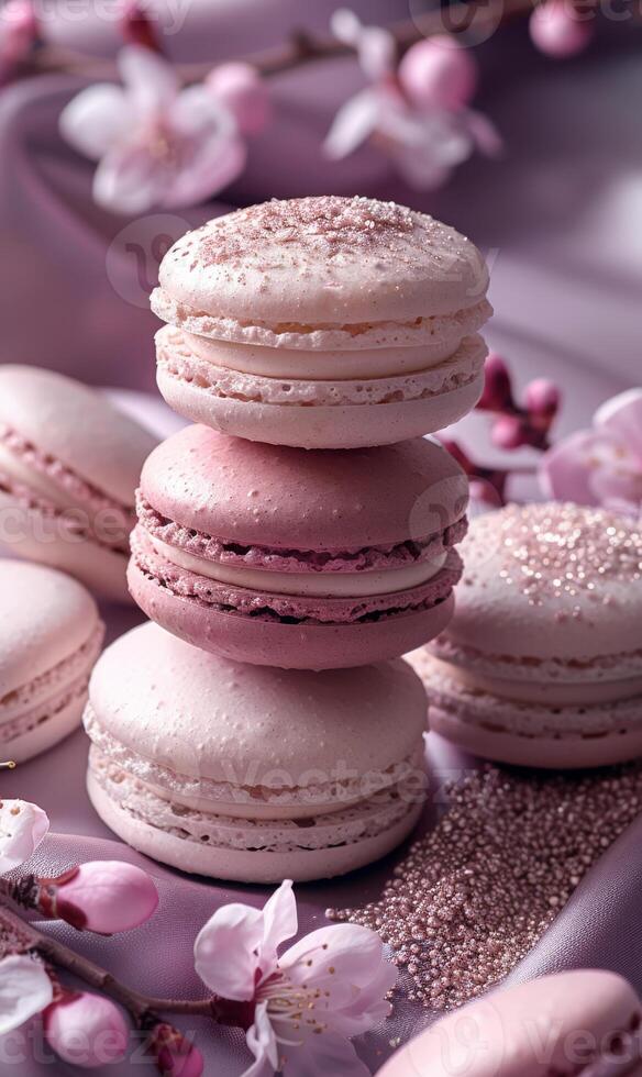 ai generado francés macarrones con almendra pétalos y rosado Cereza flores en Violeta antecedentes foto