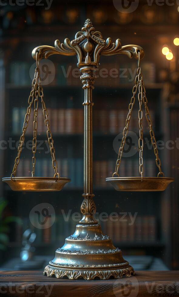 AI generated Scales of justice on wooden desk law library background photo