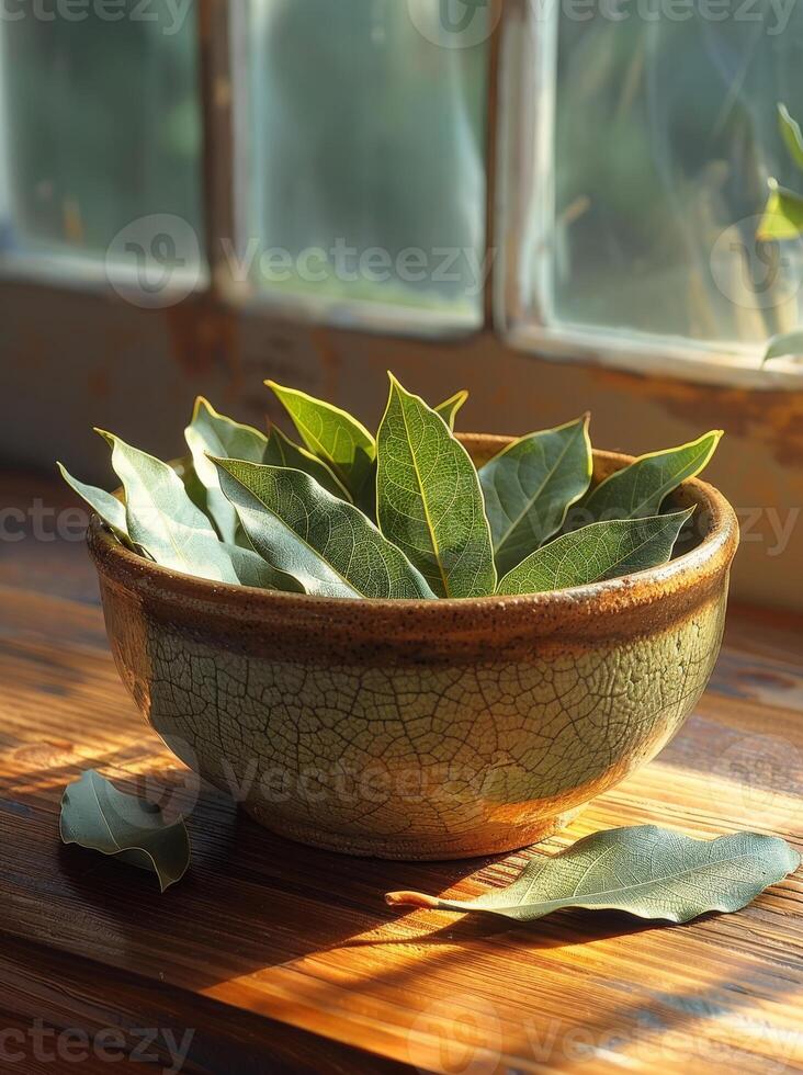 AI generated Bay leaves in bowl on wooden table photo