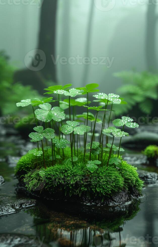 AI generated Small patch of land in swamp with water and lush green plants photo