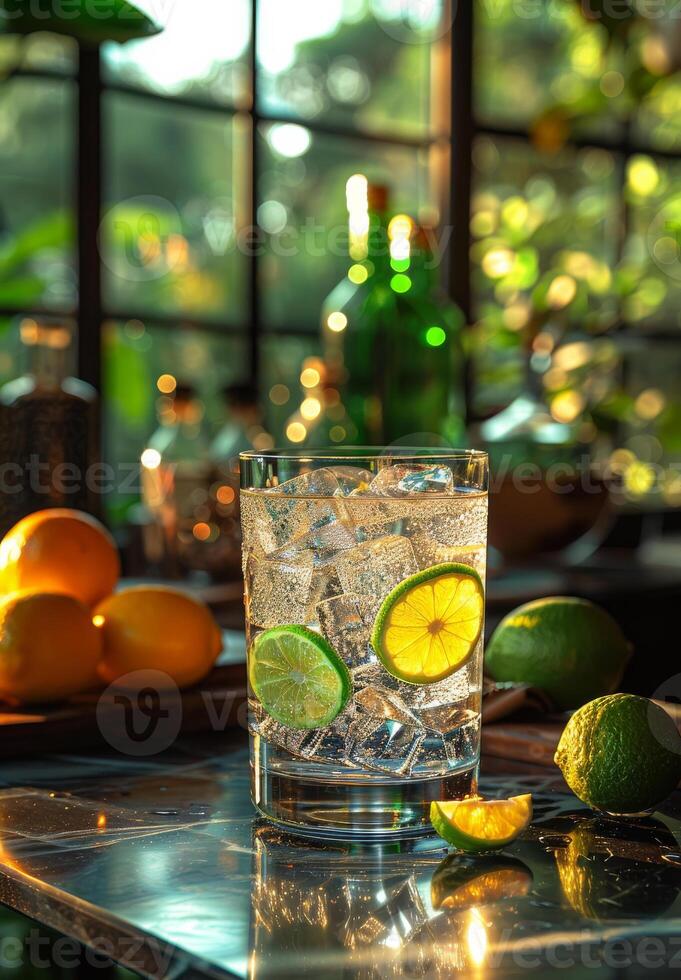 AI generated Gin and tonic with lime and orange on bar counter photo