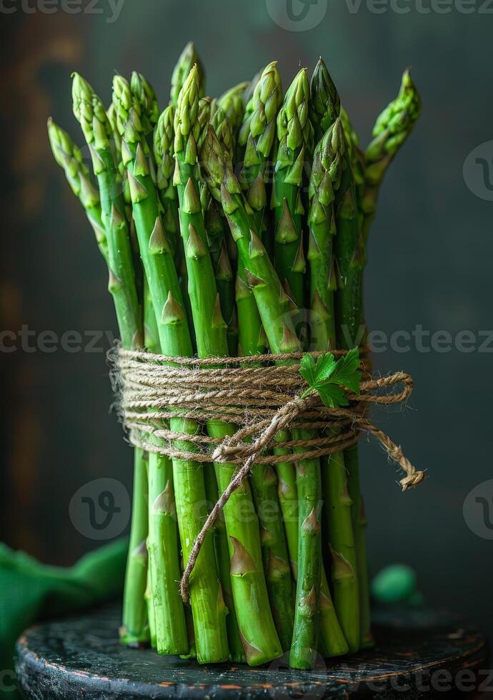 ai generado Fresco verde espárragos en oscuro antecedentes foto