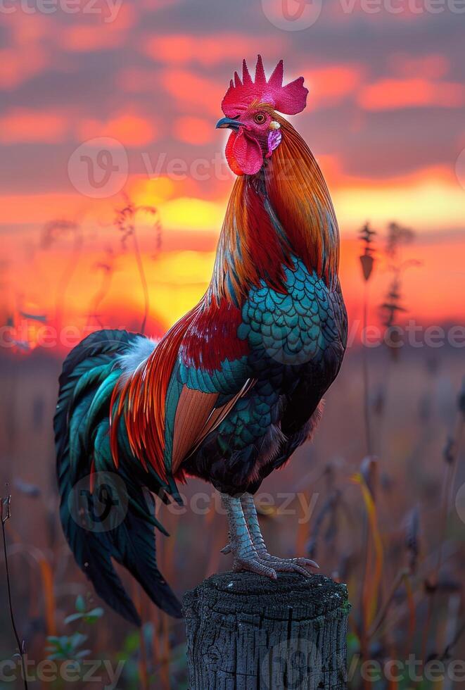 AI generated Rooster crowing on wooden pole at sunset photo