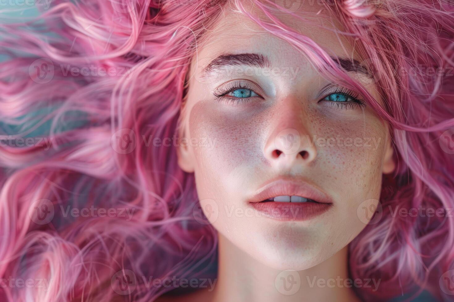 AI generated Beautiful sea mermaid with flowing pink hair. Generative AI photo