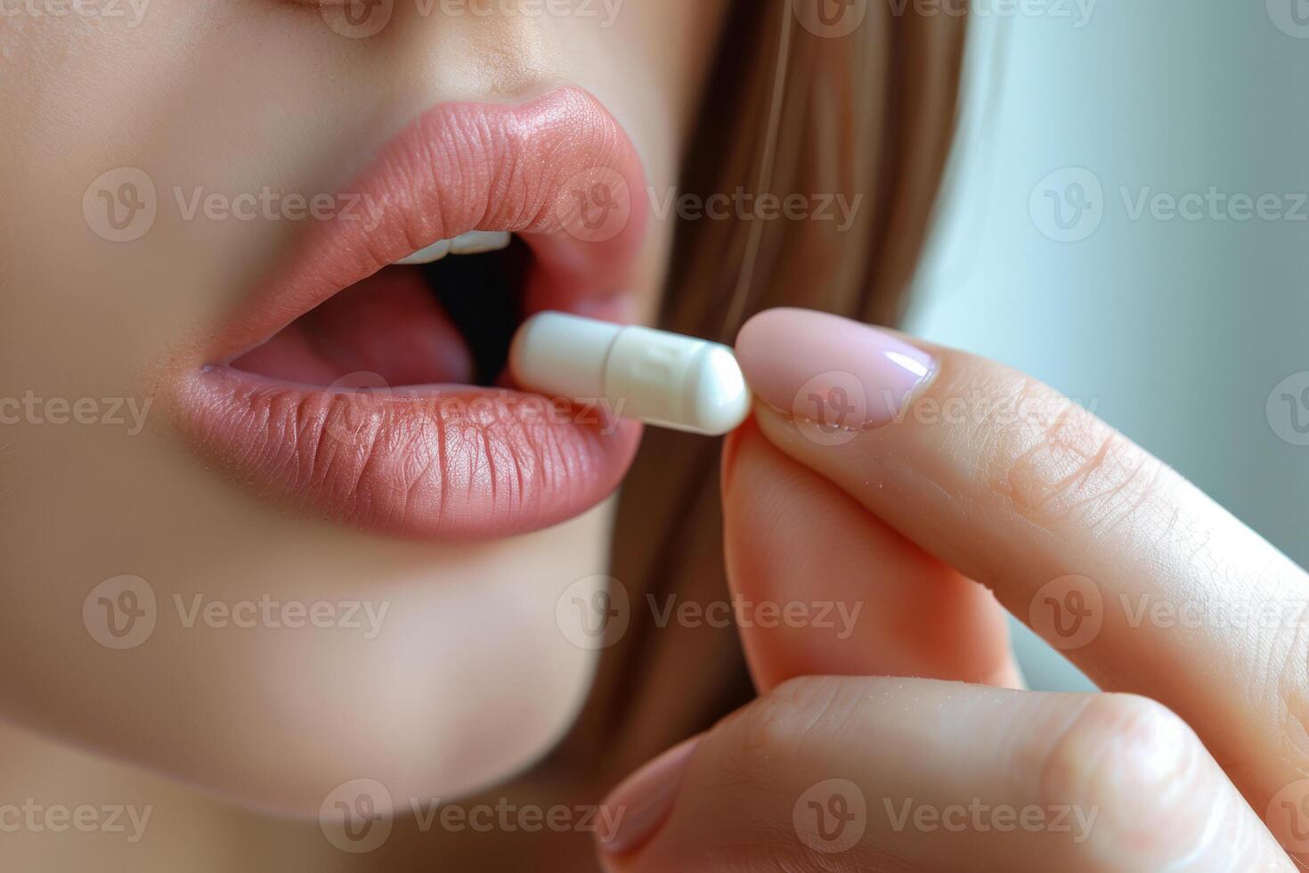 AI generated Woman putting a pill in her mouth. Pharmacy and healthcare concept. Generative AI photo