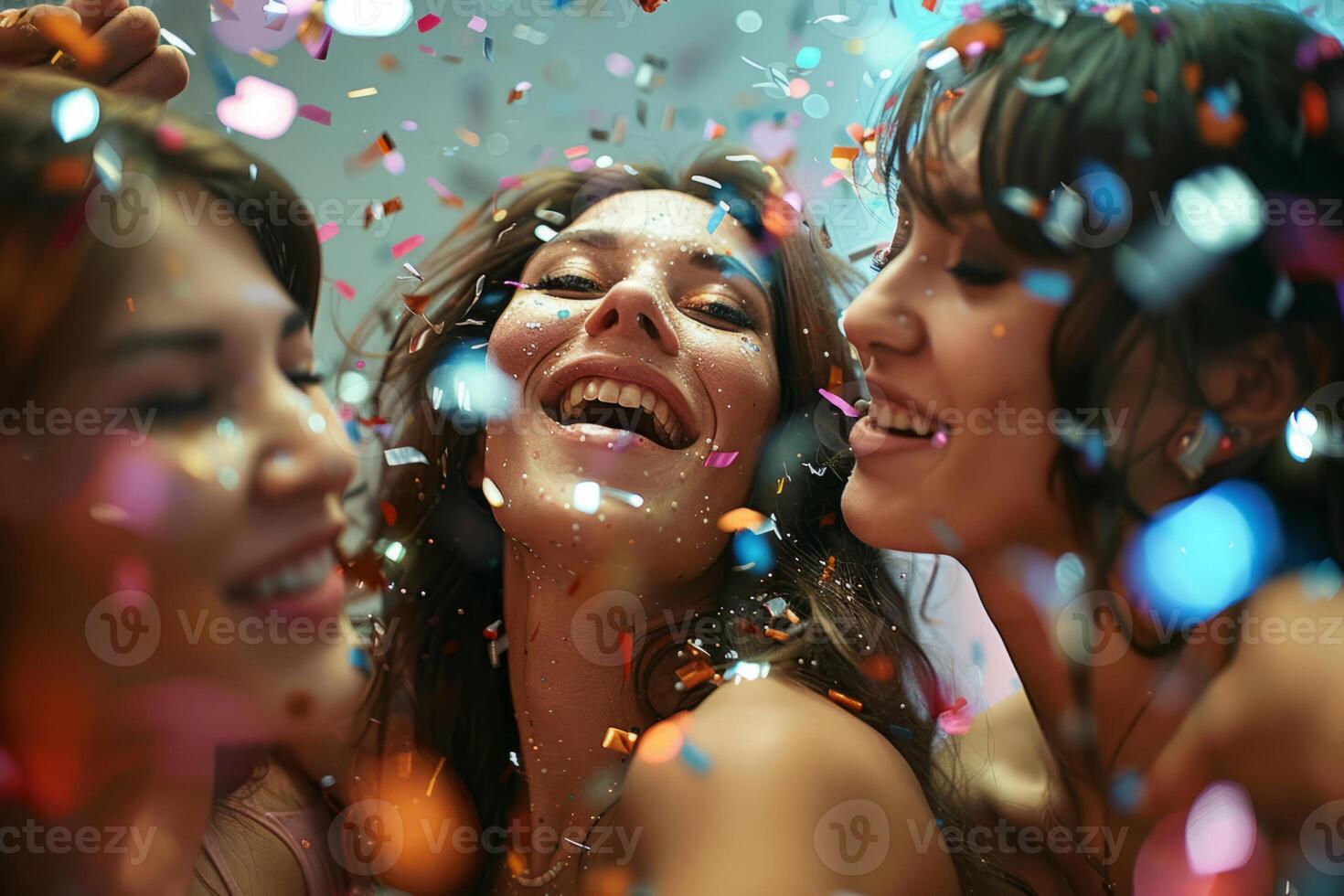 ai generado joven mujer celebrando y teniendo divertido a un fiesta. grupo de hembra amigos con bengalas ir de fiesta en Club nocturno. generativo ai foto