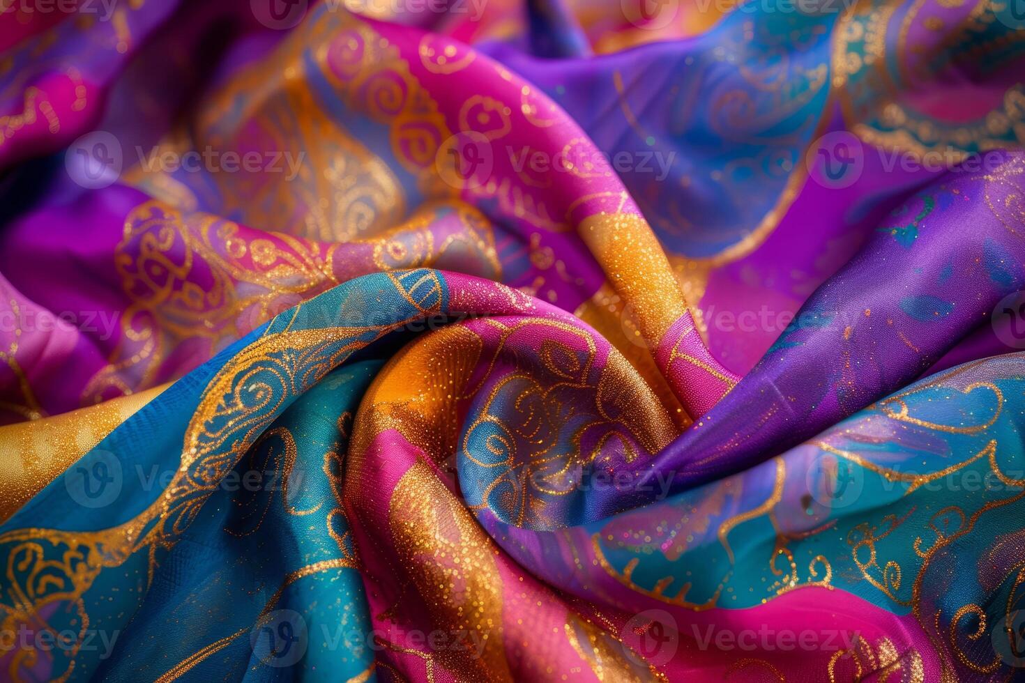 AI generated Colorful silk fabric with patterns, shimmer and sequins. Generative AI photo