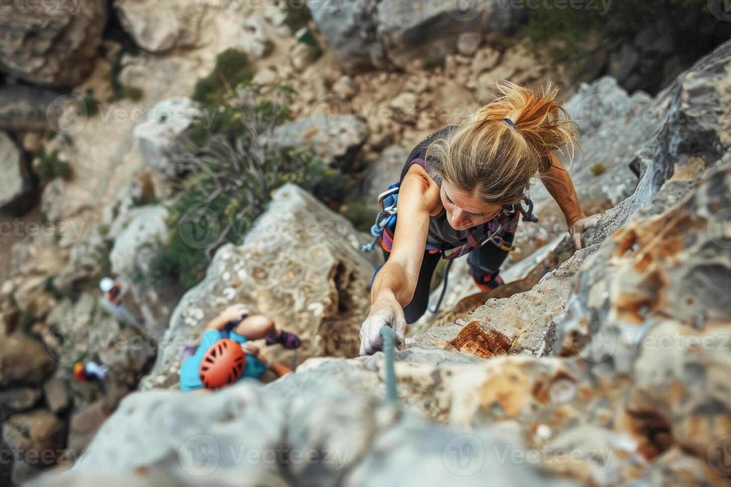 AI generated Women climb a rock while trekking outdoors. Generative AI photo