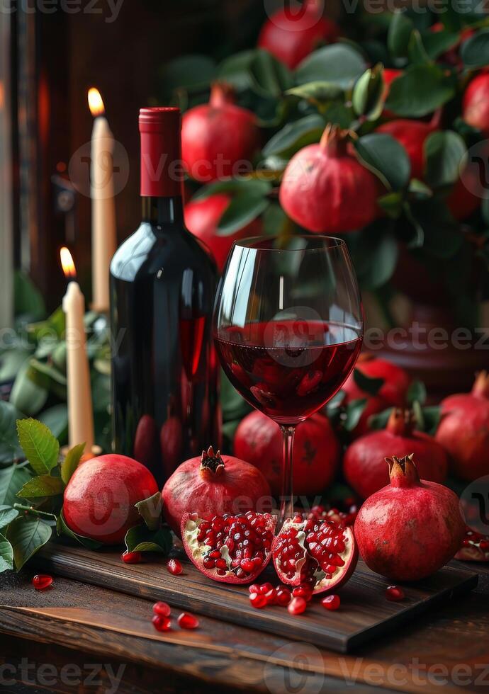 AI generated a glass of wine and pomegranates with candles on top photo