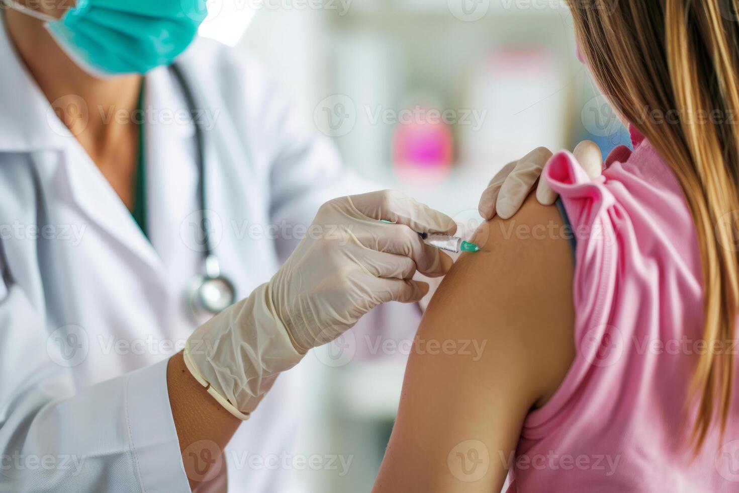 AI generated Doctor holding syringe making vaccination injection dose in shoulder of patient. Generative AI photo