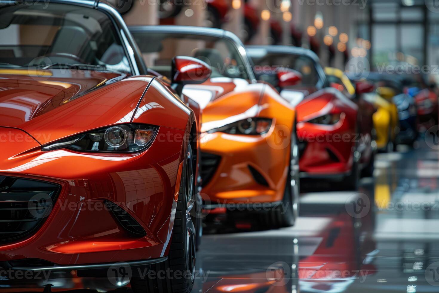 AI generated New cars in the showroom waiting for sale. Generative AI photo