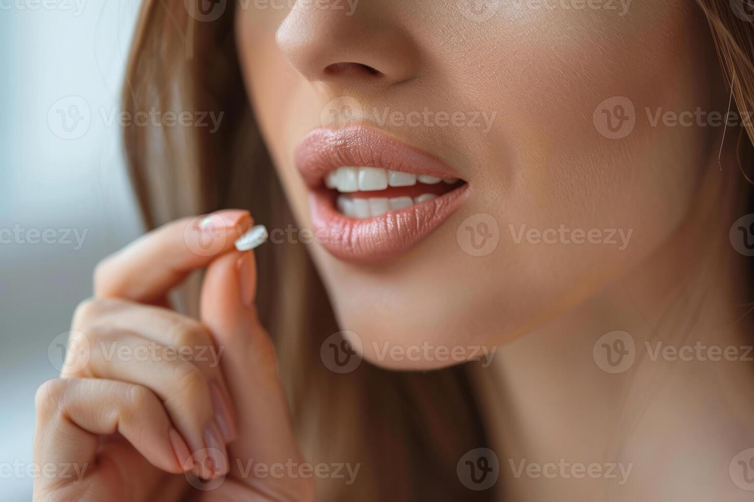 AI generated Woman putting a pill in her mouth. Pharmacy and healthcare concept. Generative AI photo