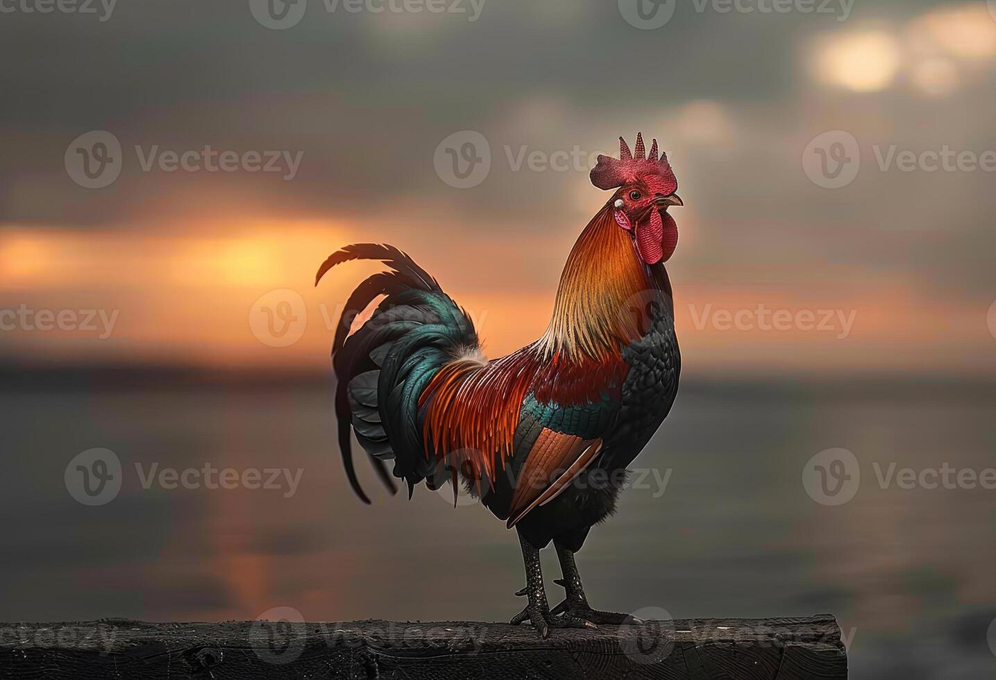 AI generated Rooster standing on fence at sunset photo