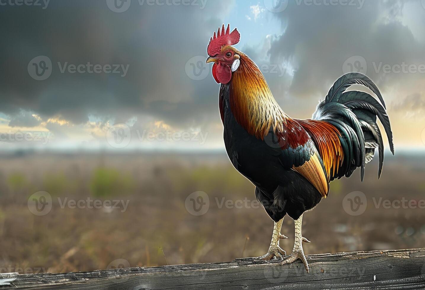 AI generated an rooster is standing on a wooden board photo