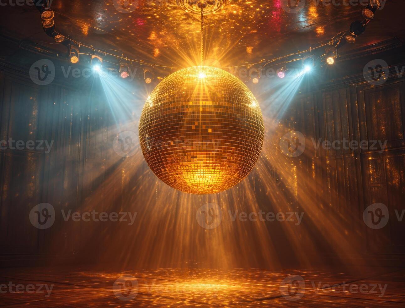 AI generated Gold disco ball and lights on stage photo