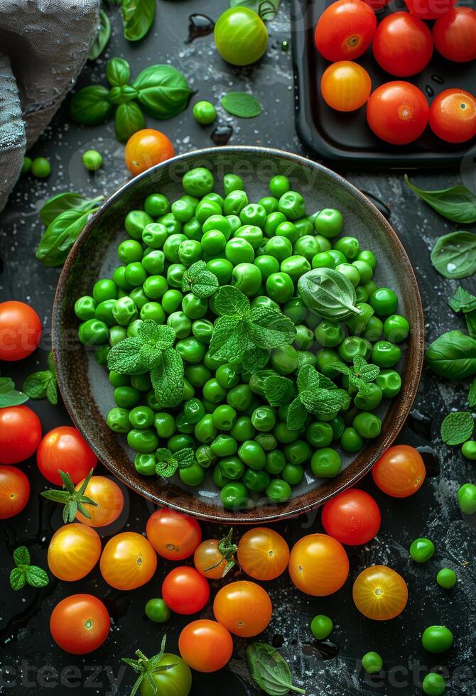 AI generated Green peas and cherry tomatoes on dark background photo