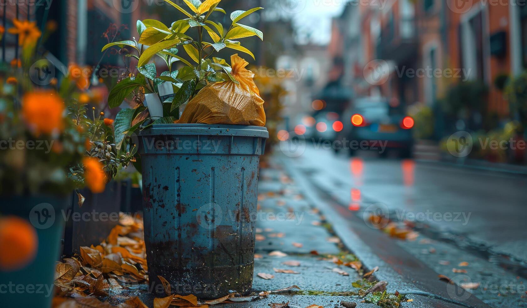 AI generated Trash can filled with leaves and bag of garbage on city street photo