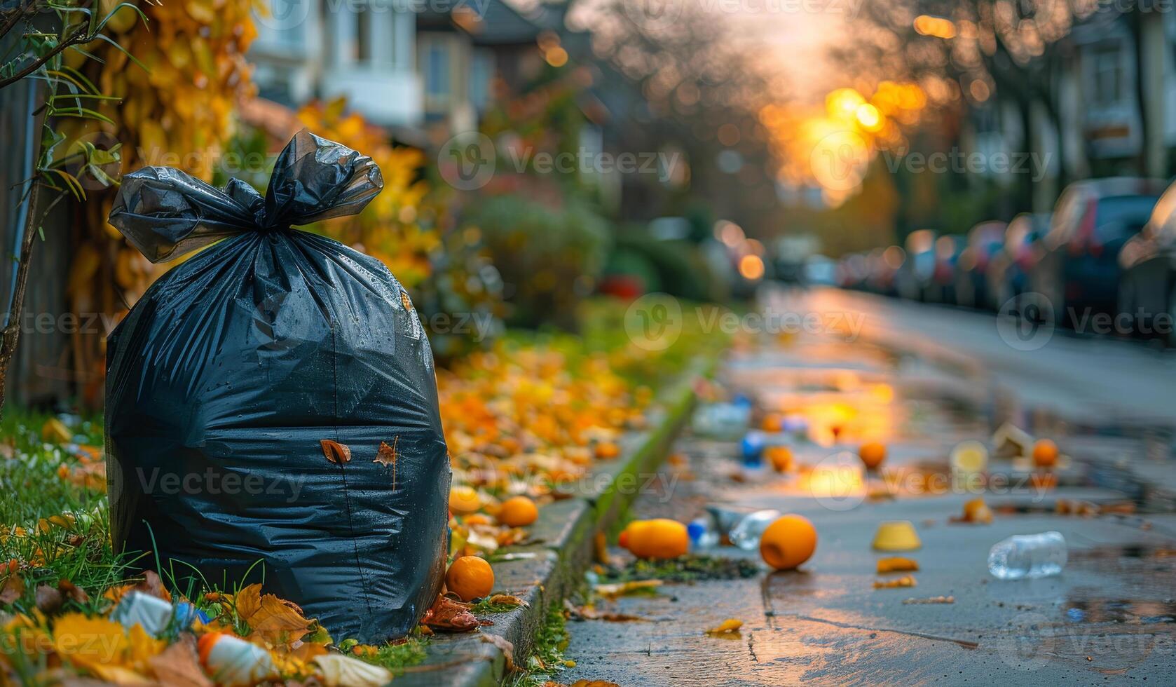 AI generated Garbage bag and trash on the street in autumn photo