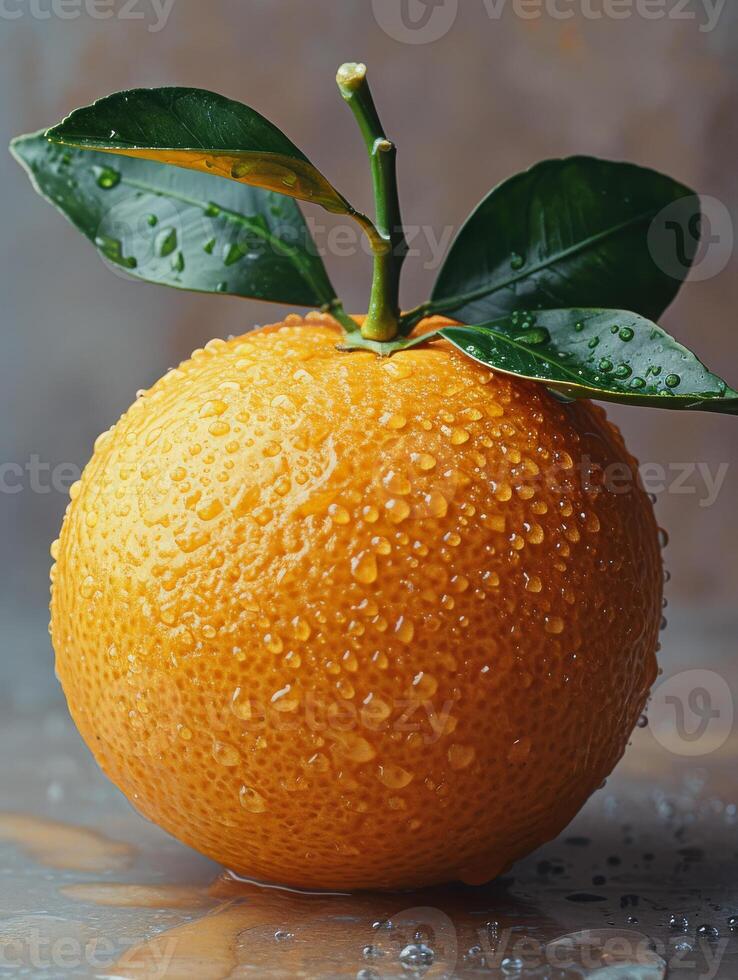 AI generated Ripe tangerine with leaves on gray background photo