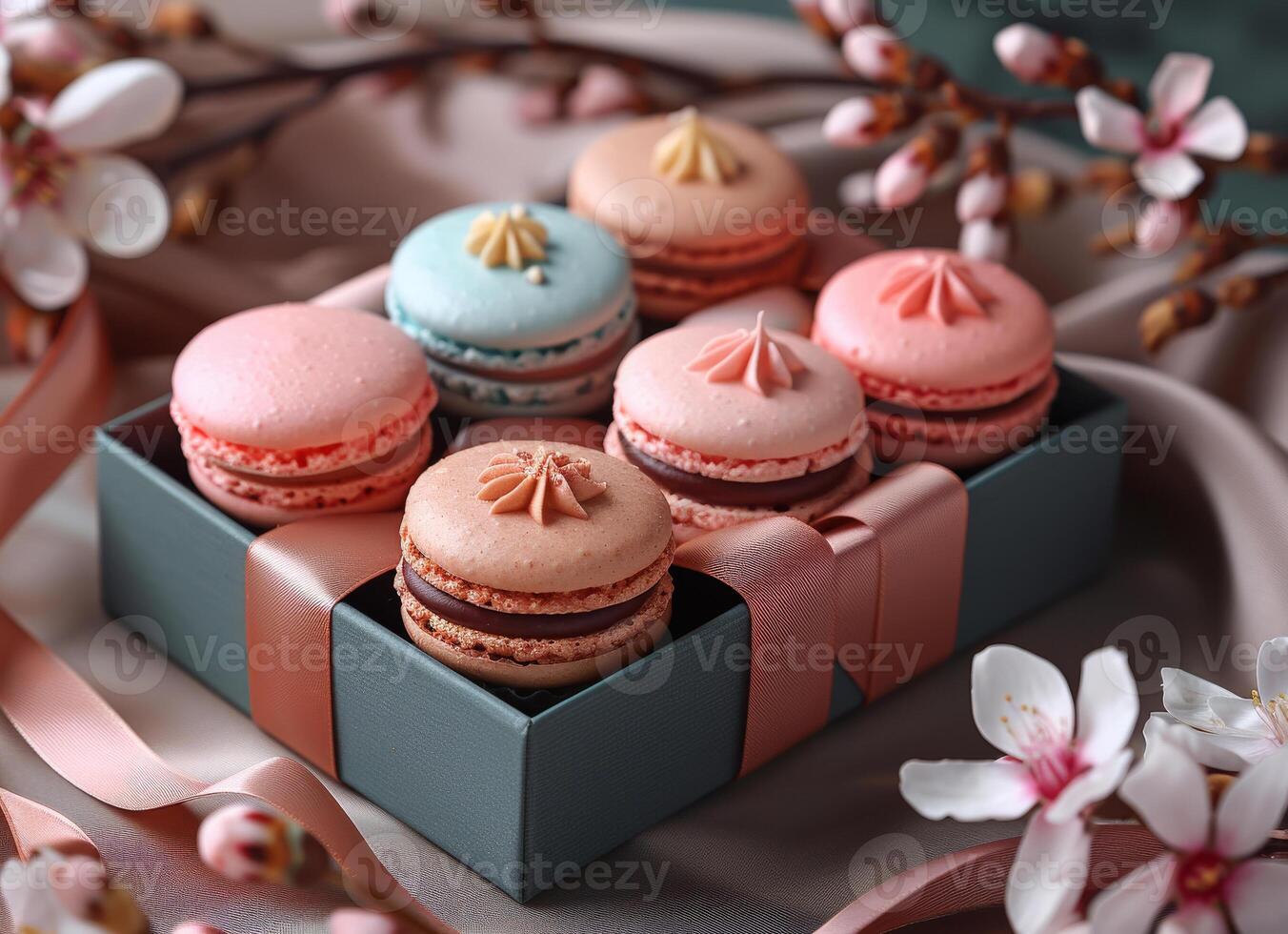 AI generated French macaroons in gift box with spring blossom photo