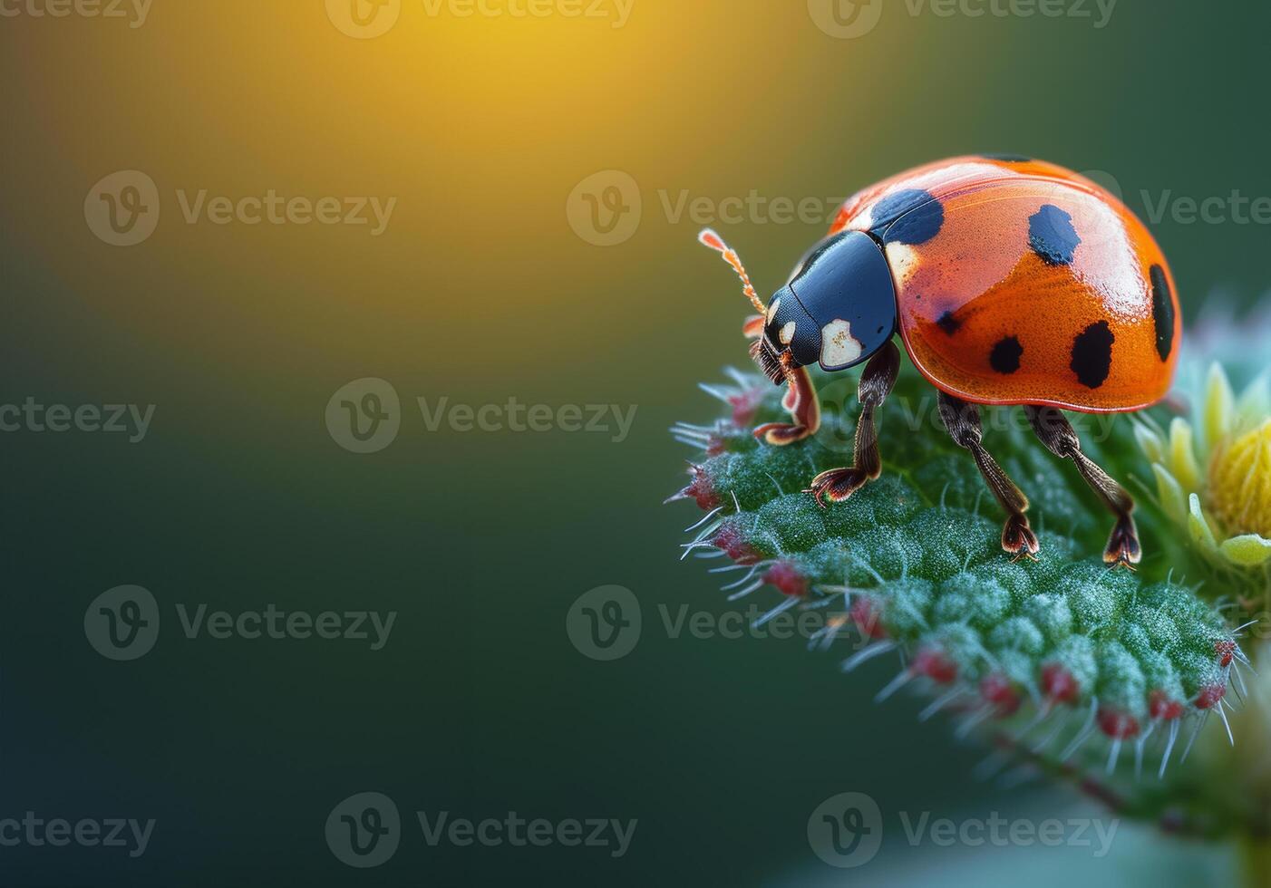 ai generado mariquita en verde hoja. un hermosa dama error en el jardín foto