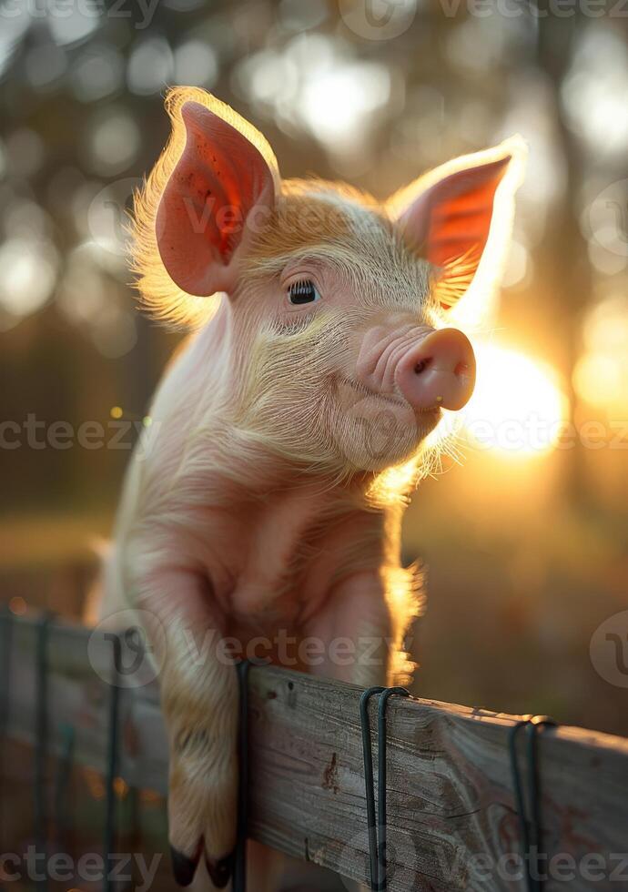 AI generated Young funny pig on farm photo
