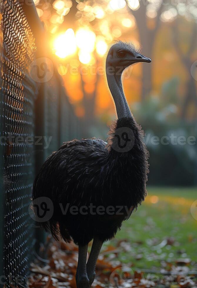 AI generated Emu is standing next to fence with the sun setting in the background. photo