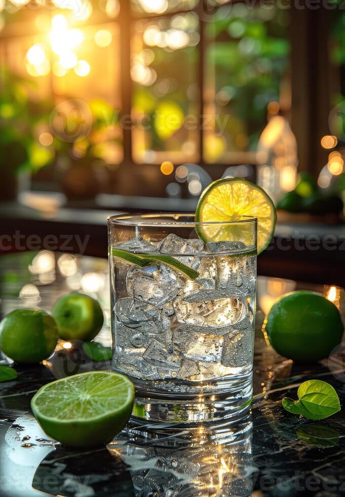 AI generated Gin and tonic on bar counter with limes photo