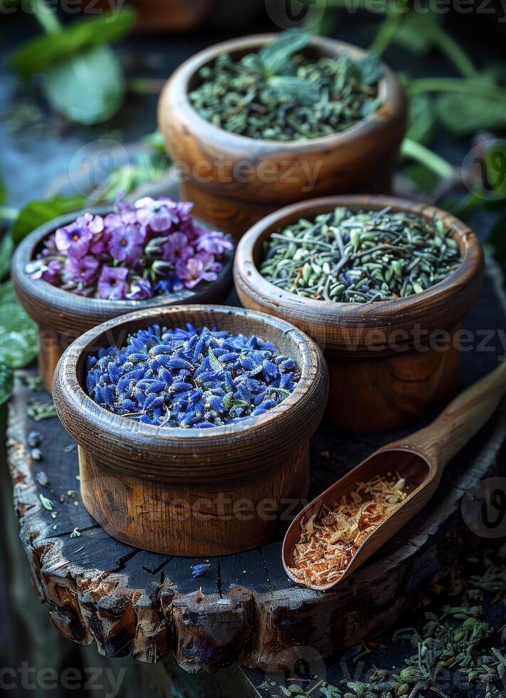 AI generated Herbs and flowers in bowls on wooden table photo