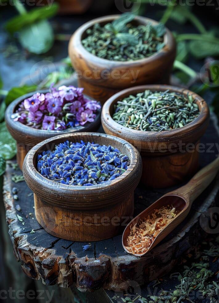 ai generado hierbas y flores en bochas en de madera mesa foto