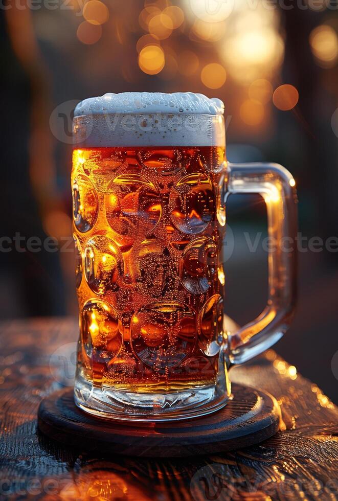 AI generated Glass of cold light beer with foam on the wooden bar counter in pub photo