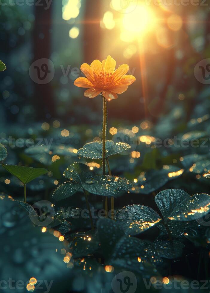 AI generated Yellow flower in the forest. Yellow flower blooming in the morning light on green field photo