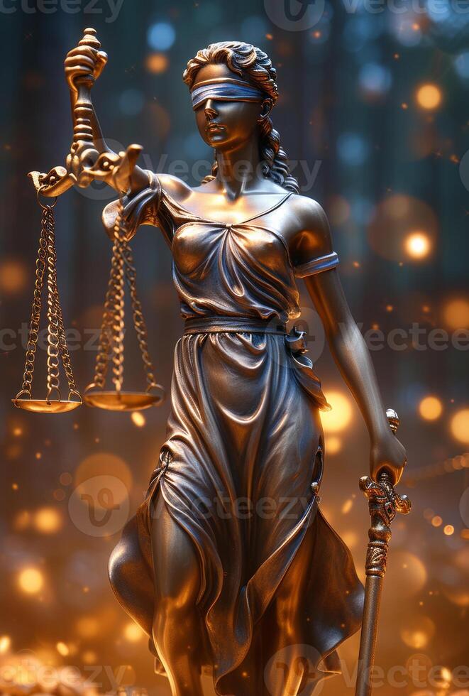 AI generated Statue of Justice blindfolded with scales and sword in her hand photo