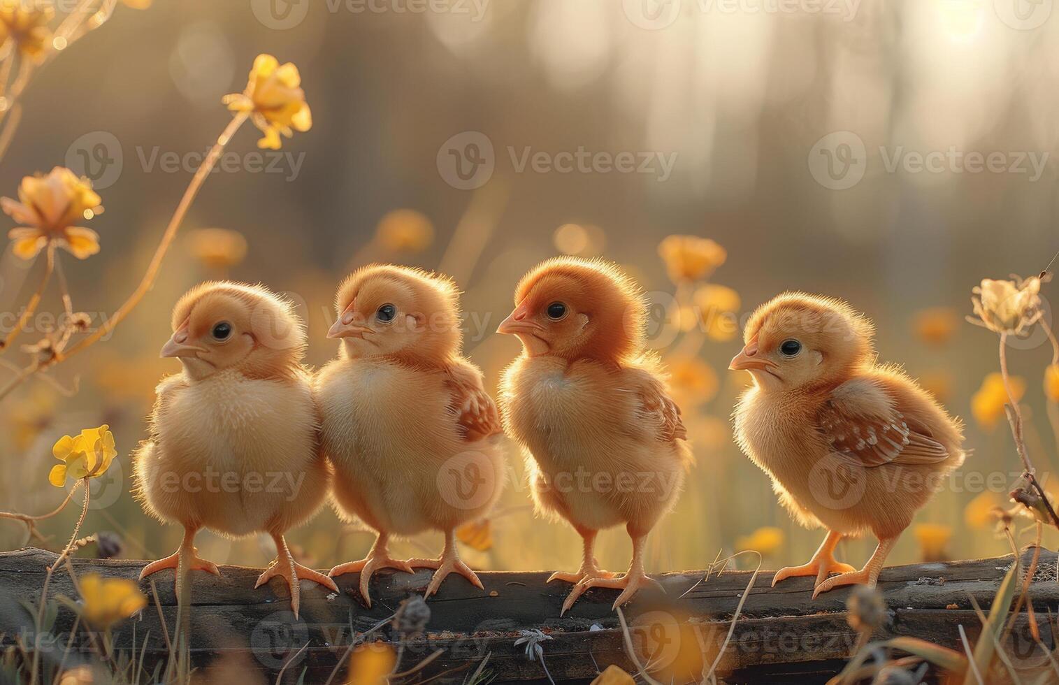 ai generado cuatro pequeño pollos son sentado en de madera cerca en el jardín foto