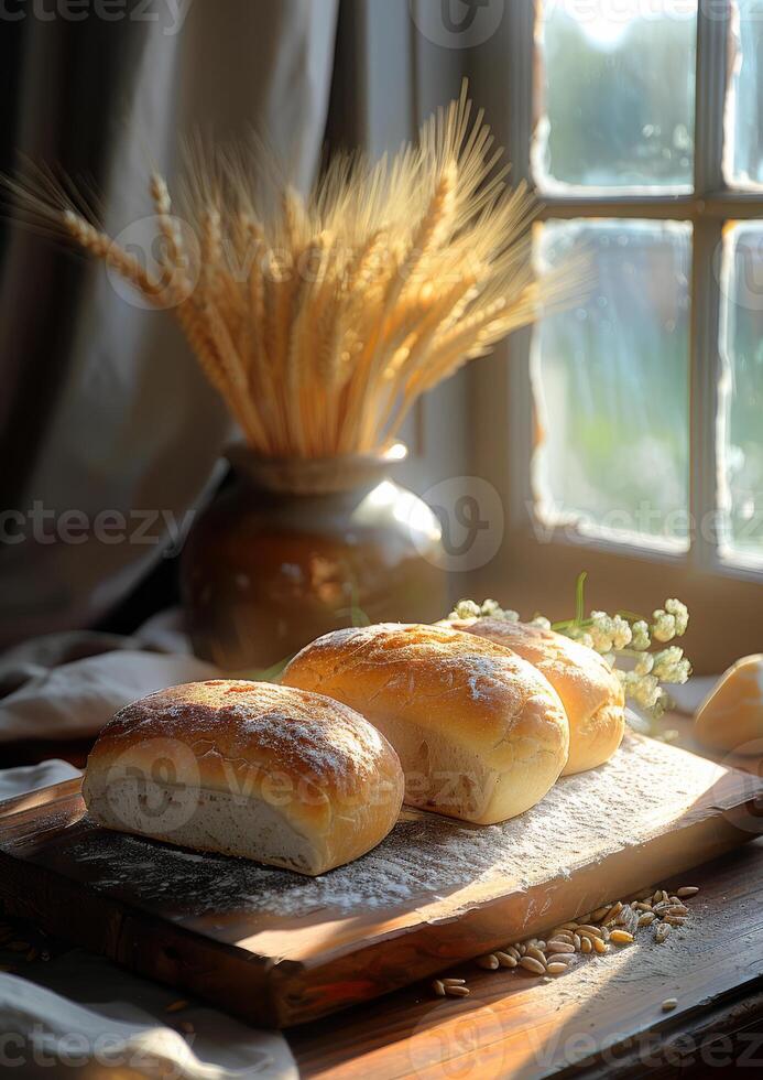 AI generated Fresh bread and wheat on the window photo