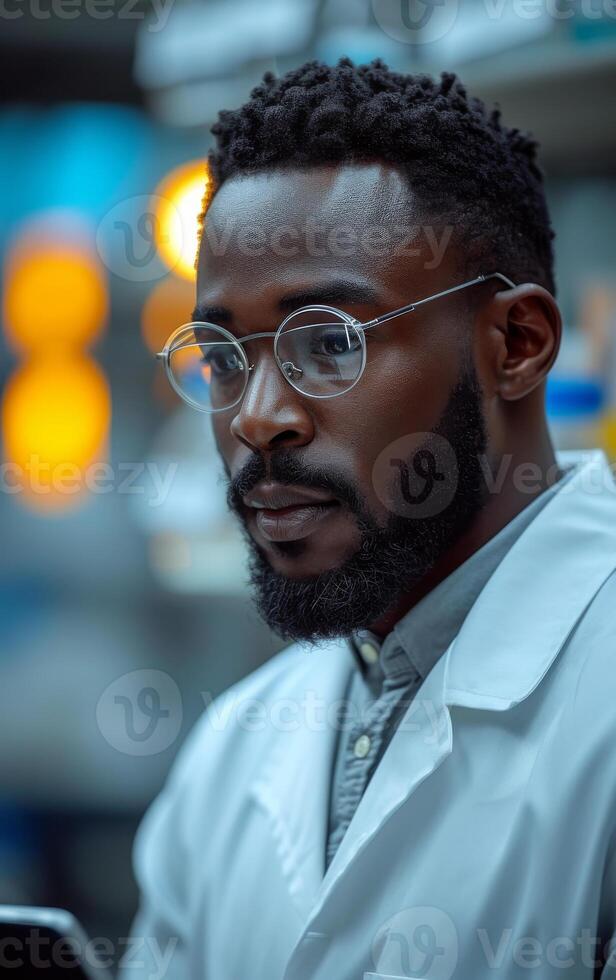 AI generated Portrait of handsome young scientist in white coat and glasses. photo