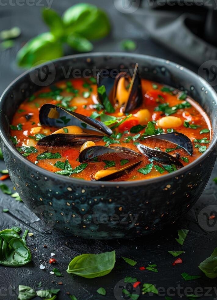 ai generado tradicional italiano pescado sopa con mejillones y pasta en cerámico cuenco foto