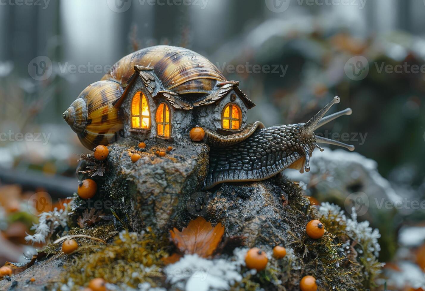 AI generated Snails and snail house on stump in the forest photo